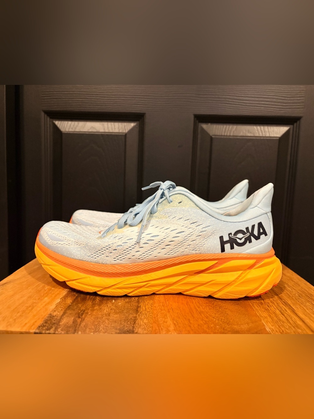 Hoka Women's Clifton 8 Light Blue Upper with Yellow and Orange Running Shoes 9 - Picture 9 of 10